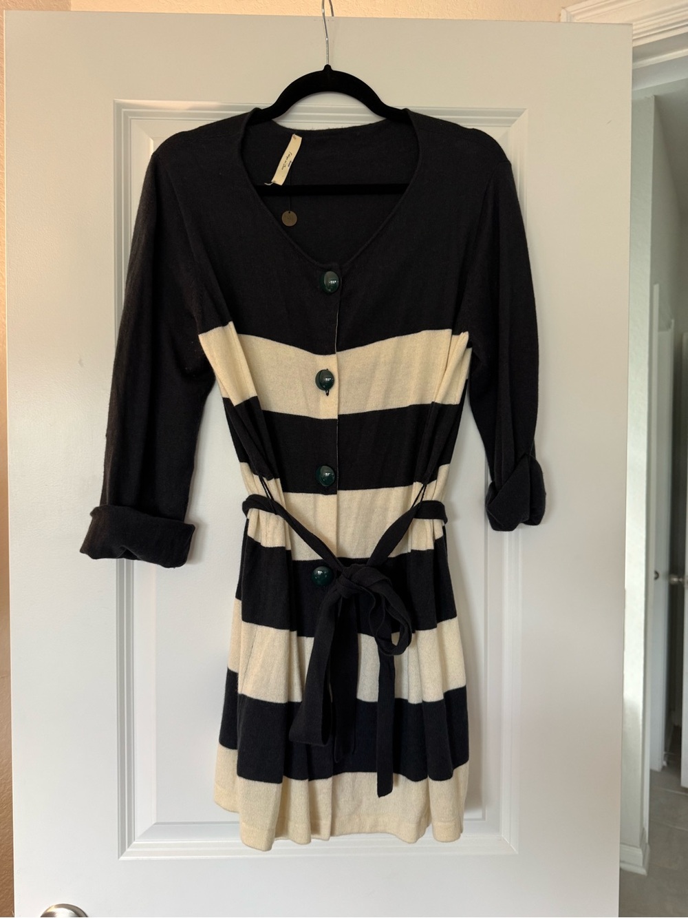 Anthropologie Striped Navy and Cream Button-Front cardigan with Tie Waist